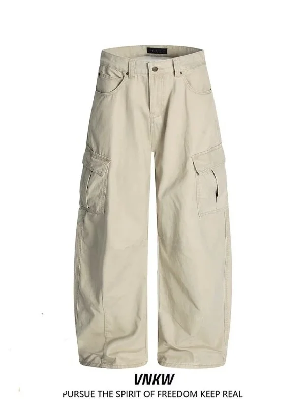 

American Retro Men's Straight Leg Work Pants Multi-ket Loose Pure Color Casual Heavyweight Paratrooper Trousers