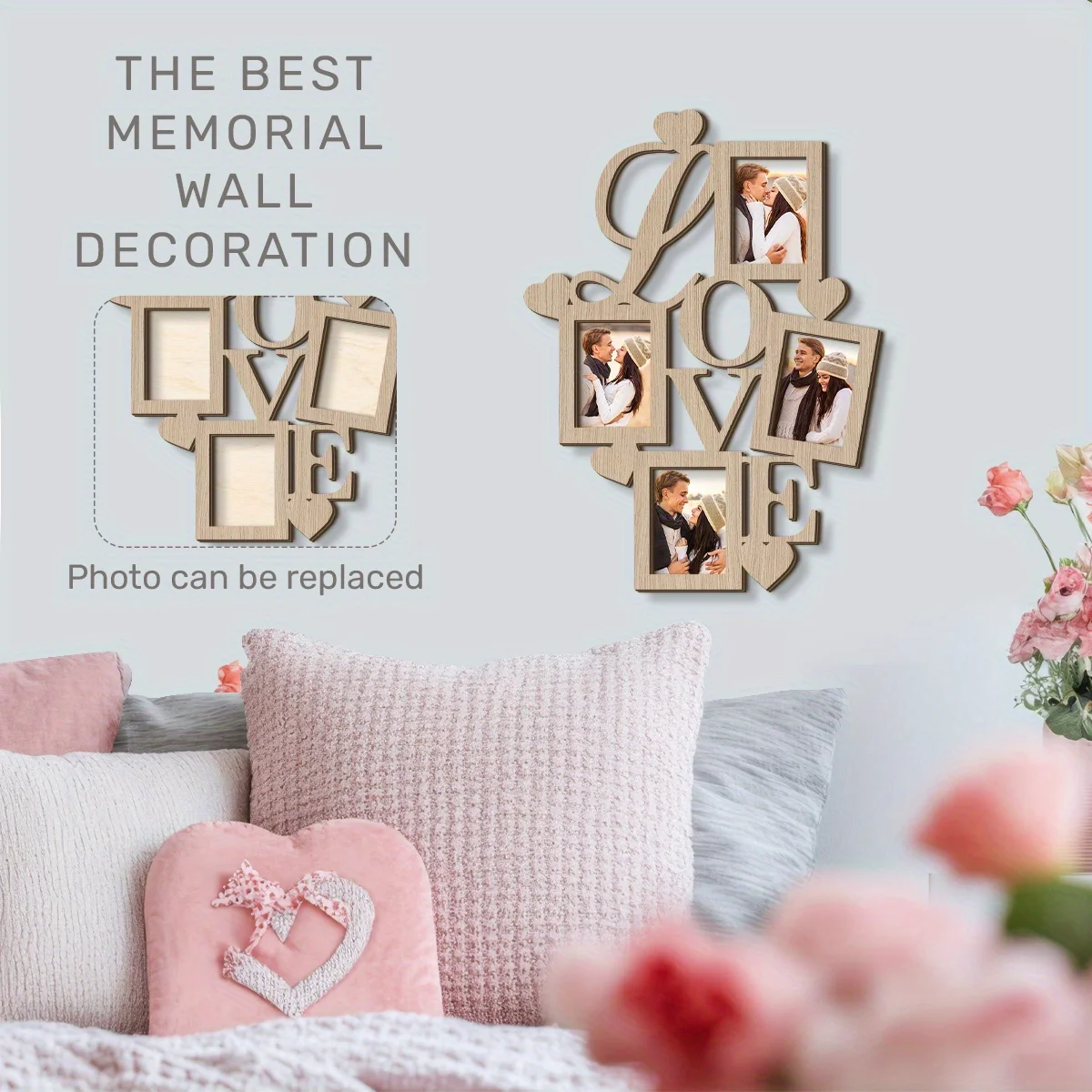 Personalization Romantic Wooden Wall Decor, Photo Frame with Sawtooth Hangers, Lightweight Wall Mounted Photo Board for Home