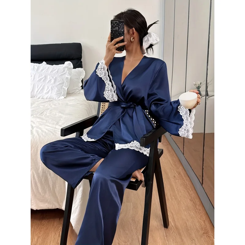 

Женский элегантный халат с кружевной отделкой, комплект из 2 предметов, одежда для сна с v-образным вырезом и длинными рукавами, пижама с поясом для домашнего спа, удобная одежда для дома