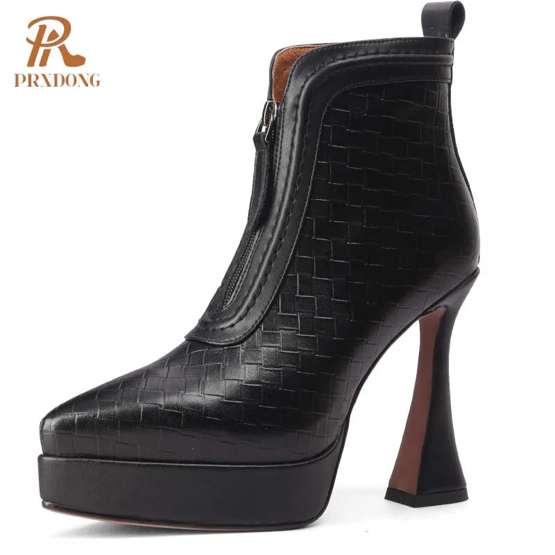 

PRXDONG Brand Autumn Winter Warm Shoes Sexy High Heels Platform Genuine Leather Black Beige Dress Party Zipper Ankle Boots 34-39