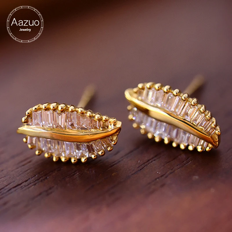 Aazuo Ins Fine Jewelry 100% 18K Yellow Gold Real Diamonds Lovely Mini Leaies Stud Earring Gifted For Lady & Kids Birthday  Party