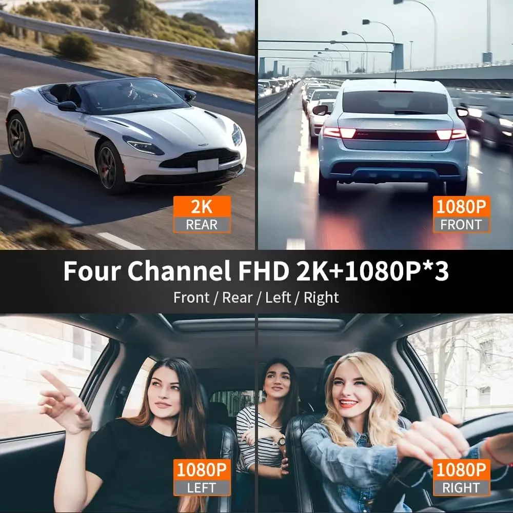 360° Dash Cam Front and Rear View 4 Channel Dash Camera FHD 2K+1080Px3 for Car, Inside/Back 170°+2x150°+170° Wide Angle, 8 IR La