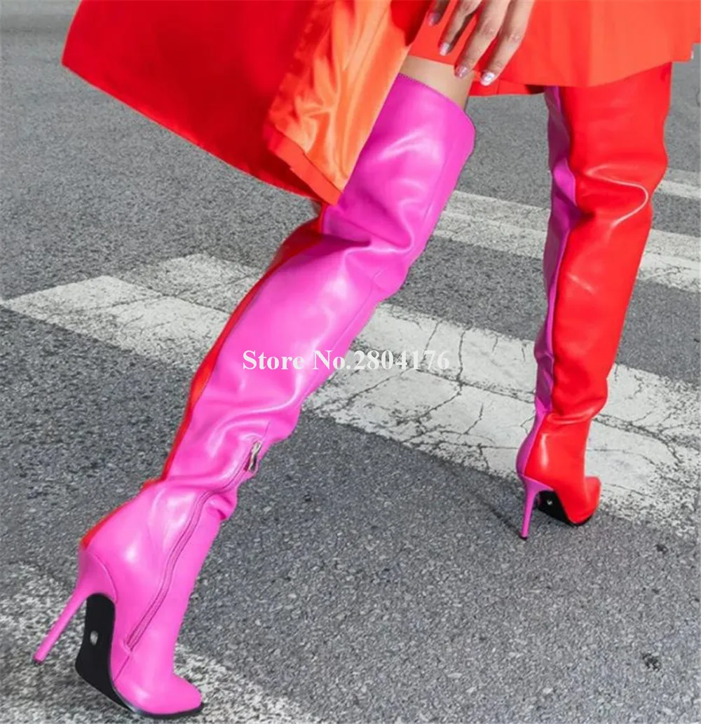 Newest Patchwork Stiletto Heel Over Knee Matte Leather Boots Charming Sexy Pointed Toe Pink-red Black-white Thin Heel Long Boots