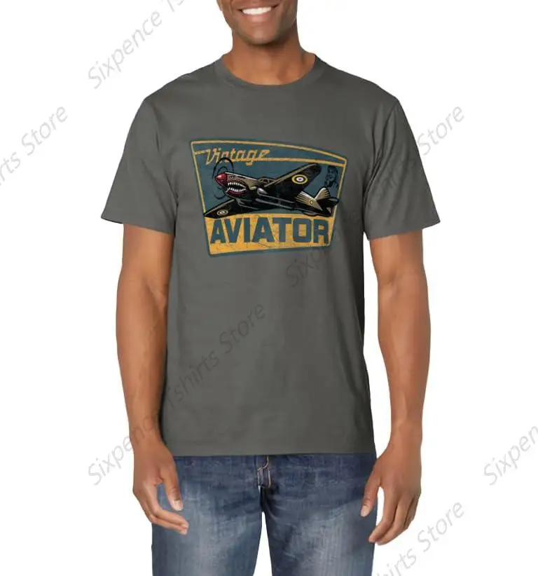 Vintage Aviator Airplane Aircraft Pilot Warhawk Gift Men‘s T-Shirt Soft Comfortable Easy to Wear Simple Practical