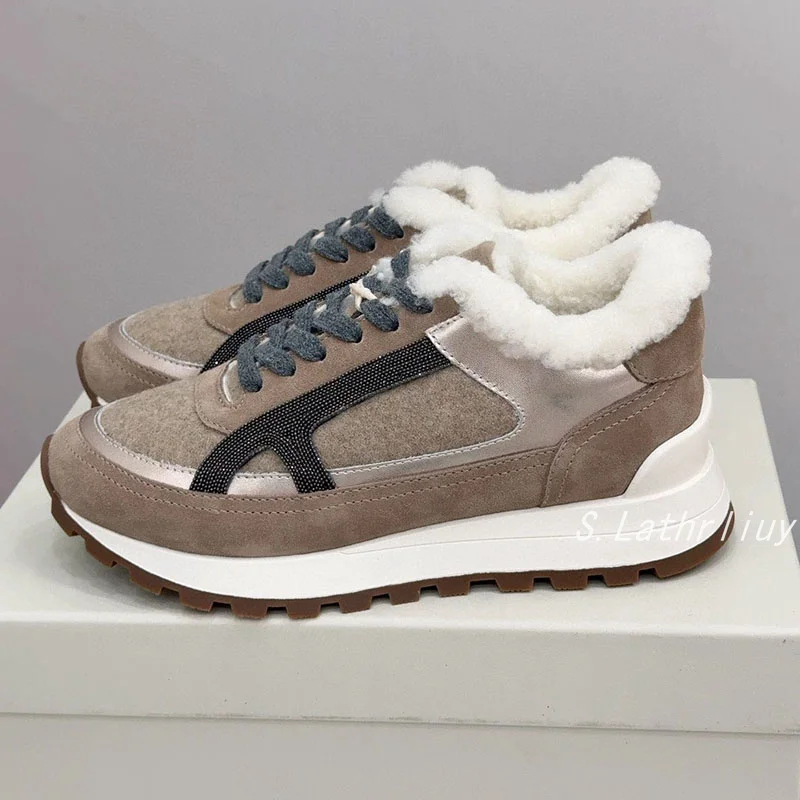 Women's String Bead Flat Shoes Round Toe Lace Up Breathable Sneakers Winter Thick Soled Real Wool Lining Versatile Casual Shoes