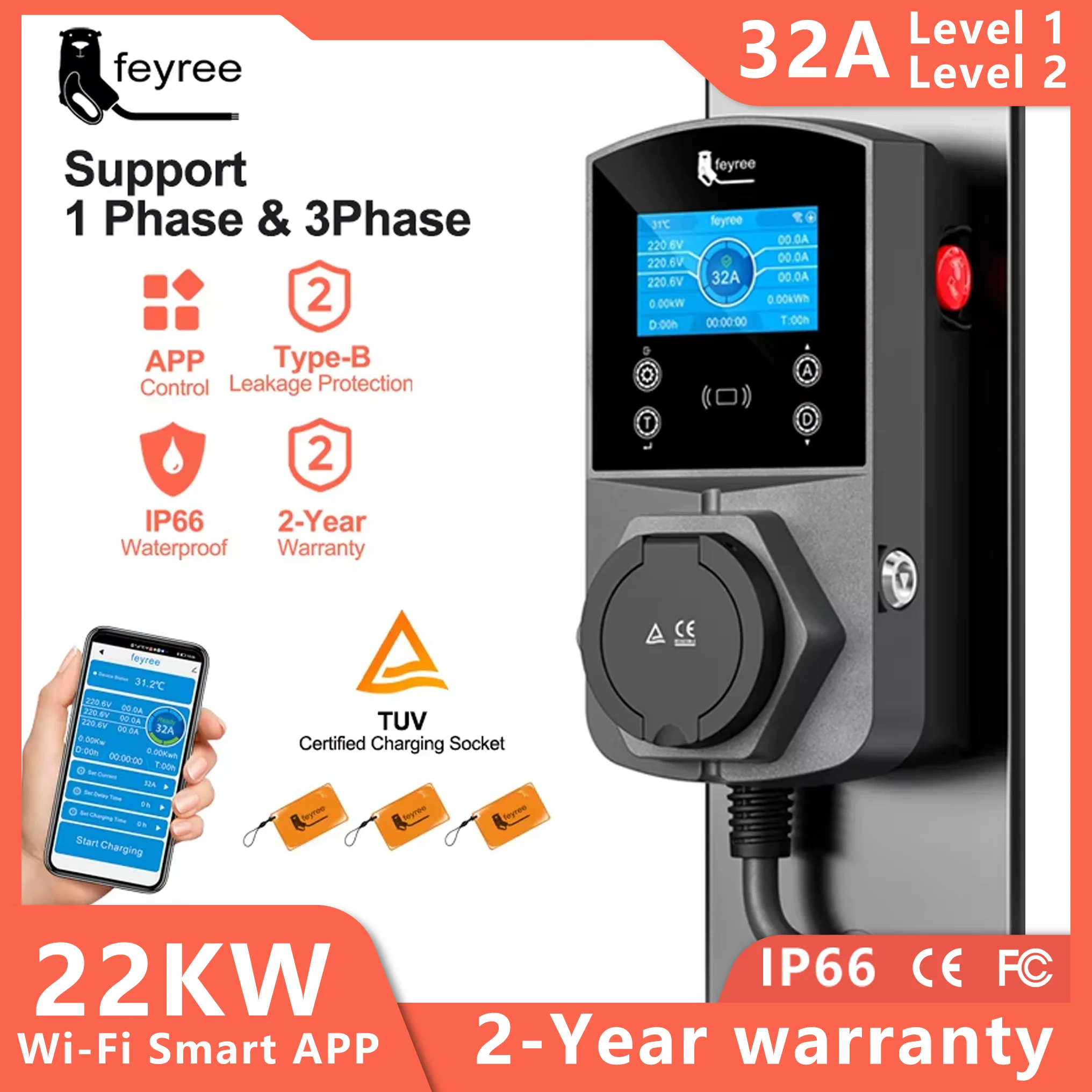 feyree Type2 EV Charger Socket Version 22KW Smart Electric Car Charger for TS-NACS Type1 GB/T Plug EVSE Wallbox WIFI APP Control