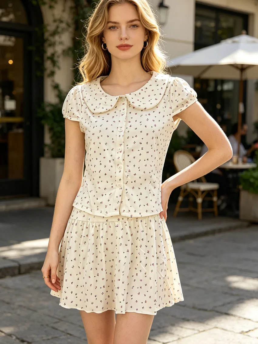 Romantic Mini Floral Print Two Piece Doll Collar Short Sleeve Button Blouse Elastic Waist Ruffle Skirt Women Aesthetic Daily Set
