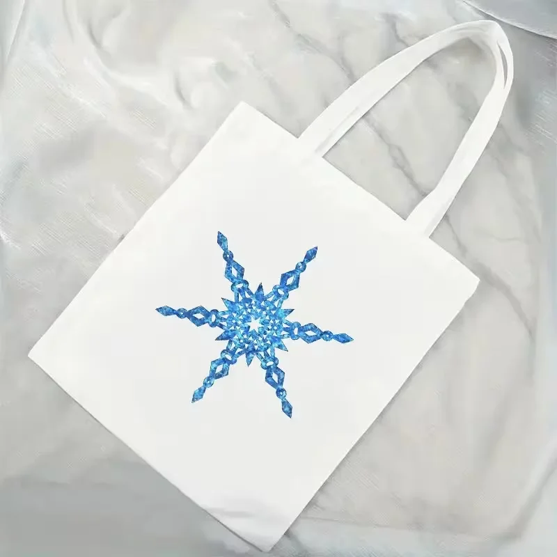 Watercolor Blue Crystal Snowflake Canvas Tote Bag Winter Ice Gem Print Reusable Shoulder Bag Shopping Handbag For Women