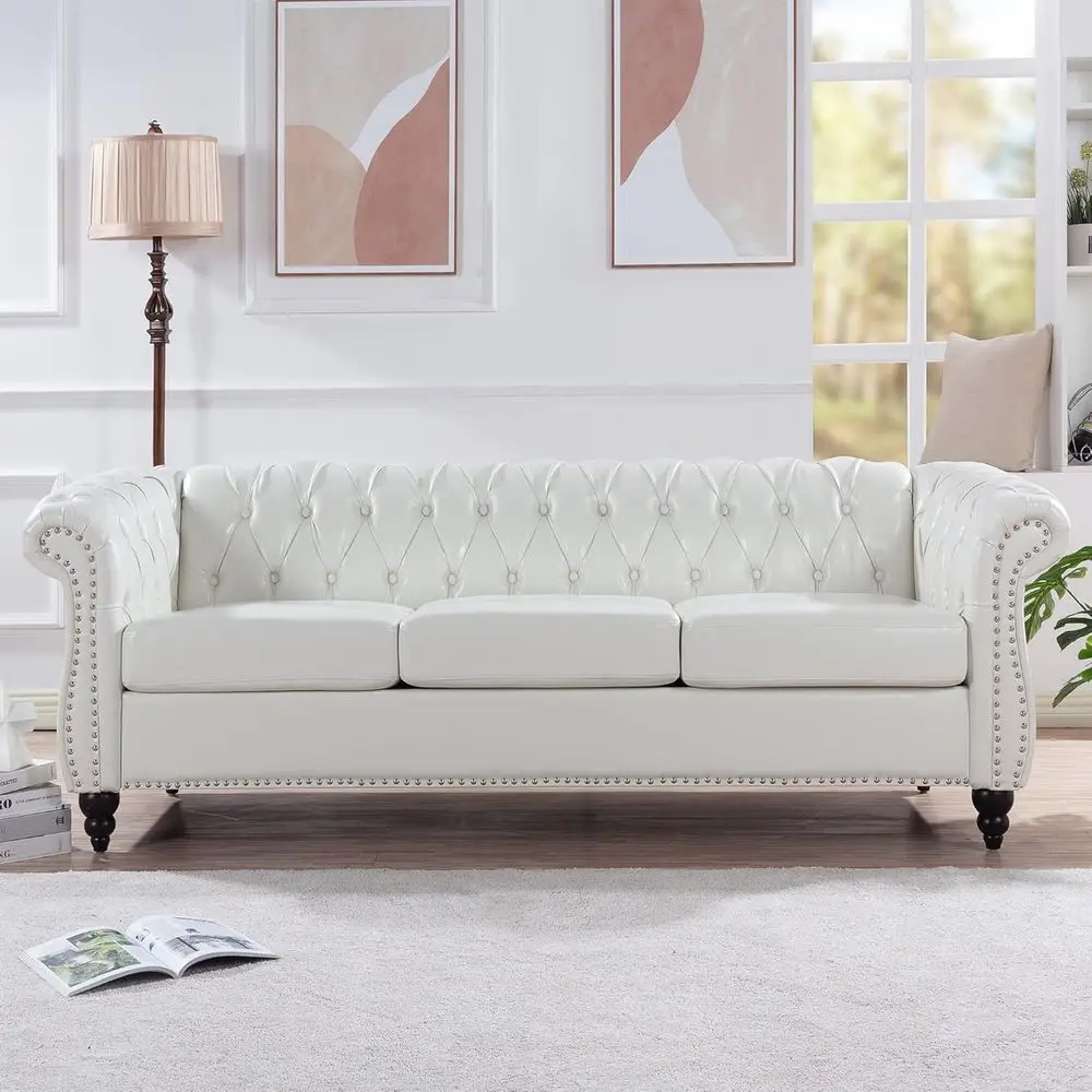 

Classic Tufted Upholstered Leather 3 Seater Sofa for Living Room in Cream White