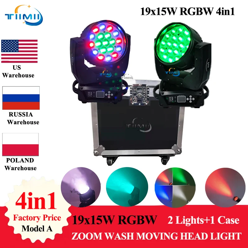 

1 Cases and 2 Wash Zoom 19X15W beam Moving Head Light LED RGBW With Flight case Lyre Zoom Stage Disco Led Lamp