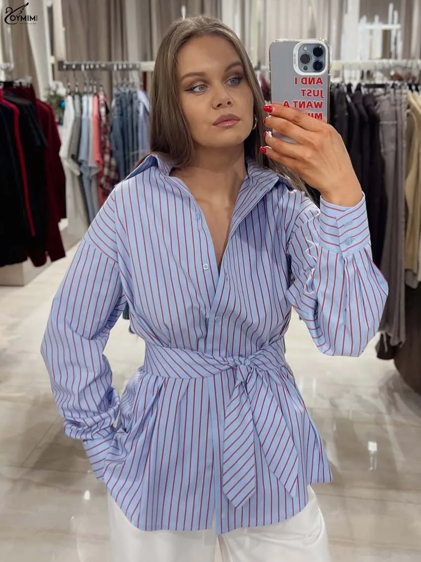 

Oymimi Fashion Blue Print Women's Shirt Elegant Lapel Long Sleeve Single Breasted Shirts Casual Lace-Up Loose Shirts Streetwear