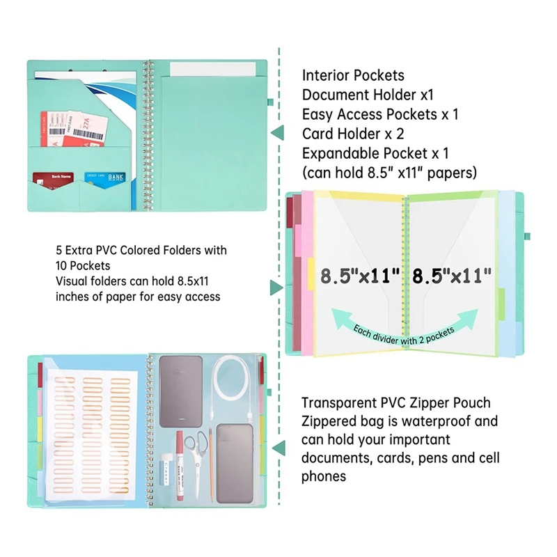 حافظة حلزونية مع حقيبة تخزين بسحاب ، حقيبة خضراء ، مجلدات فوليو ، 5 مجلدات مقسمة