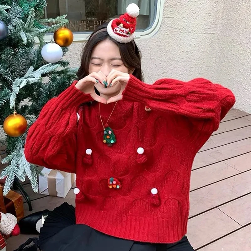 

Cable Knit Lazy Christmas Red Sweater Women O Neck Korean 3D Loose Pullover Long Sleeve Preppy Loose Casual Warm Cropped Jumpers
