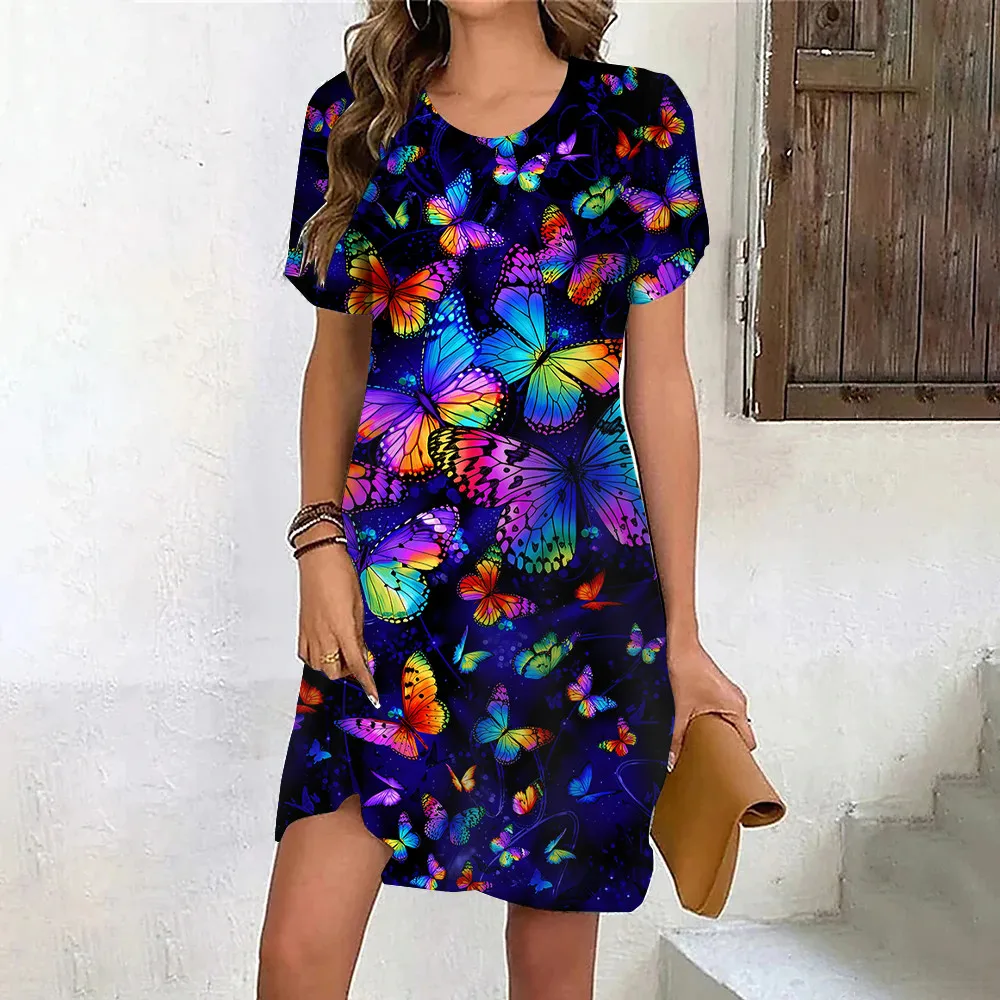 Damska sukienka z krótkim rękawem z nadrukiem motyla 3D Casual Sweet Fashion Round Neck Loose Summer Clothes Loose Sundress Ladies Vestido