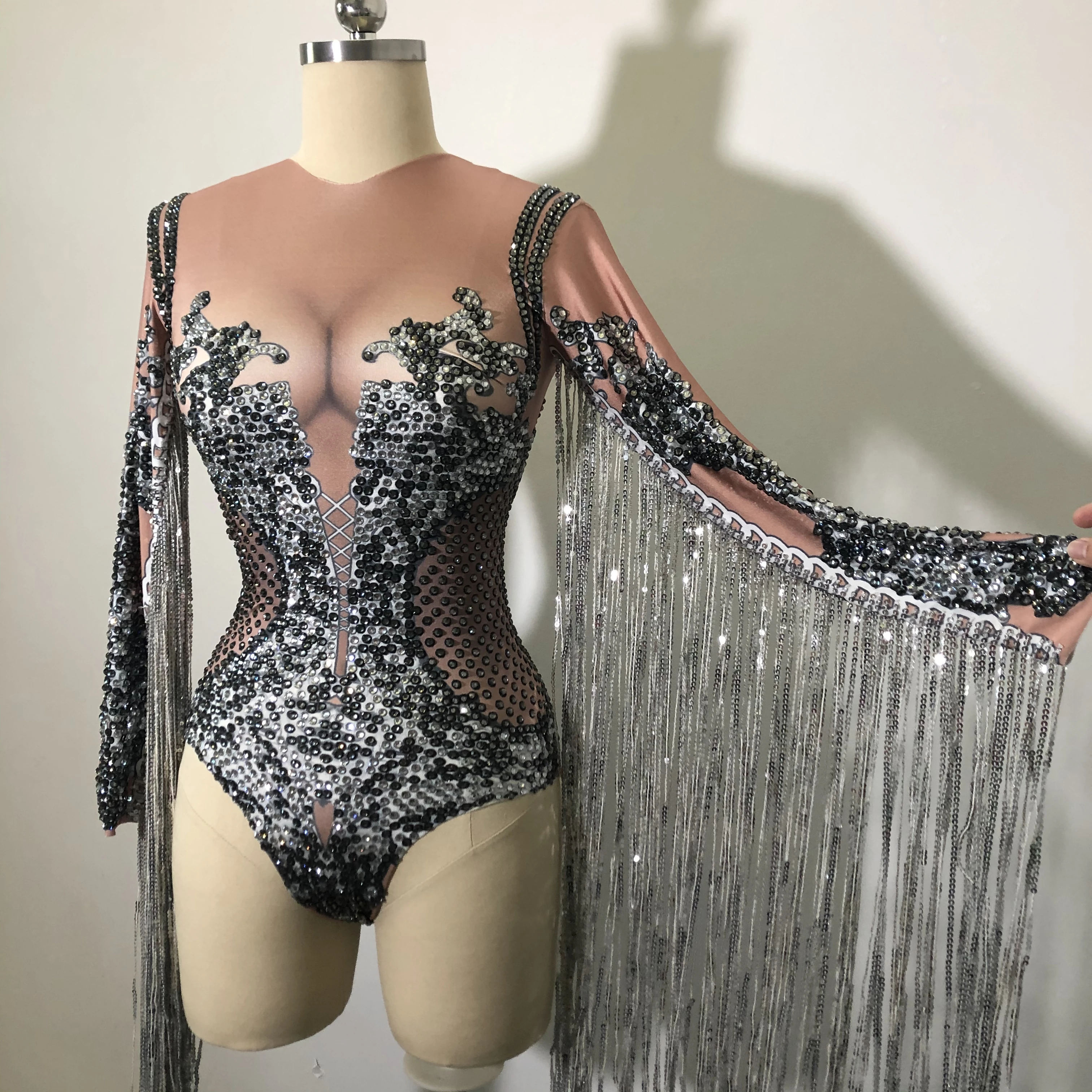 

Sparkly Silver Rhinestone Sequin Tassel Party Bodysuit Women Dance Stage Fringes Jumpsuit Club Leotard Ds Singer Festival Outfit