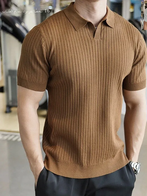 

High-End Knitted Sea Eagle irt V-Ne ort Sve Men's Summer Faion Turn-down Collar T-irt Slim Fit Top