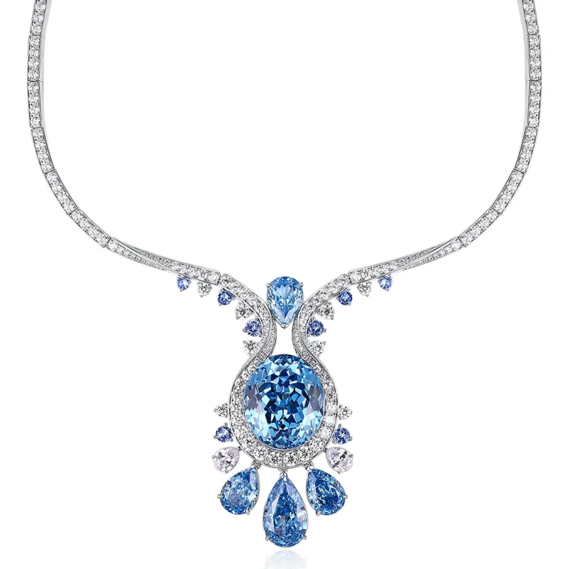 

BELLUX Original Design Aquamarine Sapphire Necklace Wedding Banquet Party 925 Silver Synthetic Zircon Luxury Jewelry