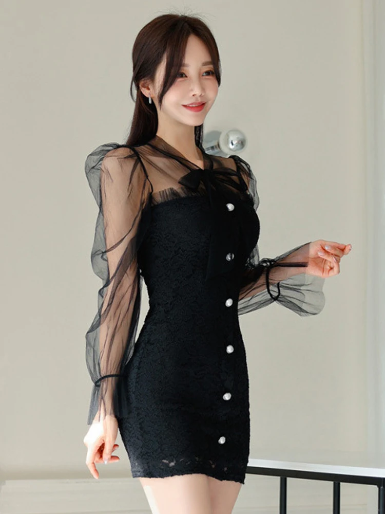 Abito aderente nero sexy Moda donna Elegante vedere attraverso la fasciatura con fiocco in rete Abito corto monopetto in pizzo Abiti da festa Nuovo