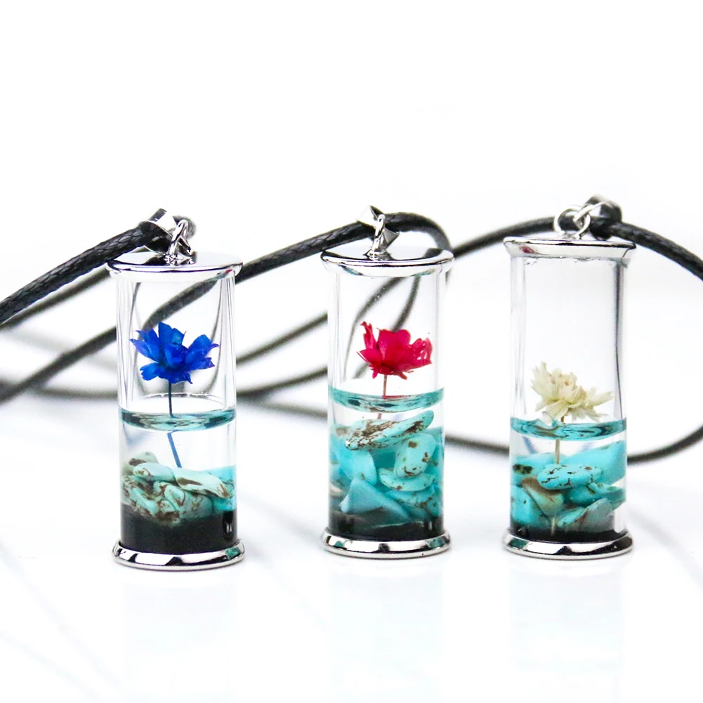 Natural Kallaite Crystal Crushed Stone Resin Oil Eternal Dry Flower Pendant Lucky Wish Glass Drift Bottle Necklace Couple Chain