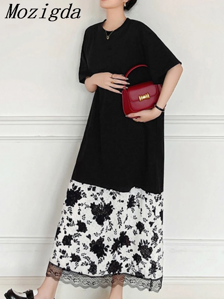 Zomer Big Size Kant Gesplitst Mid Body T-shirt Vrouwen Jurk Nieuwe O-hals Korte Mouw Mode Dames Jurken Tij Vestidos