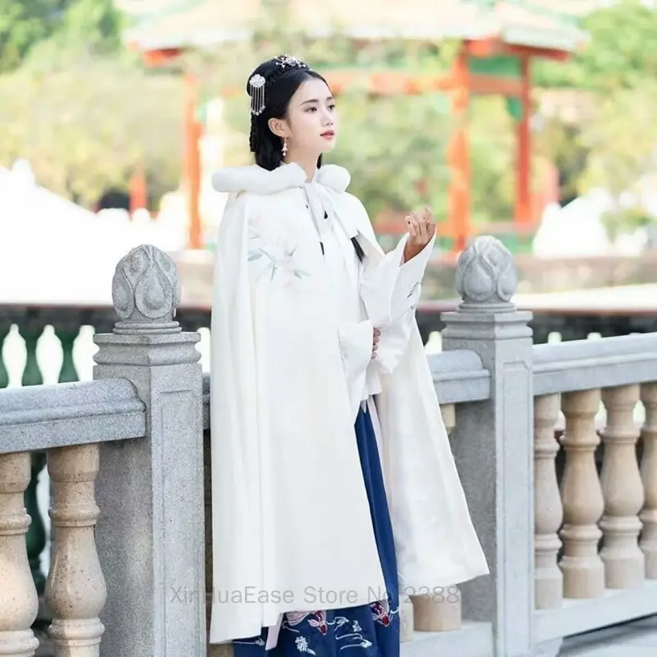 WATER Hanfu Cloak Jacket Ancient Women\'s Plush Thickened Winter Clothing Embroidered Cape White Red Chinese New Year Coat