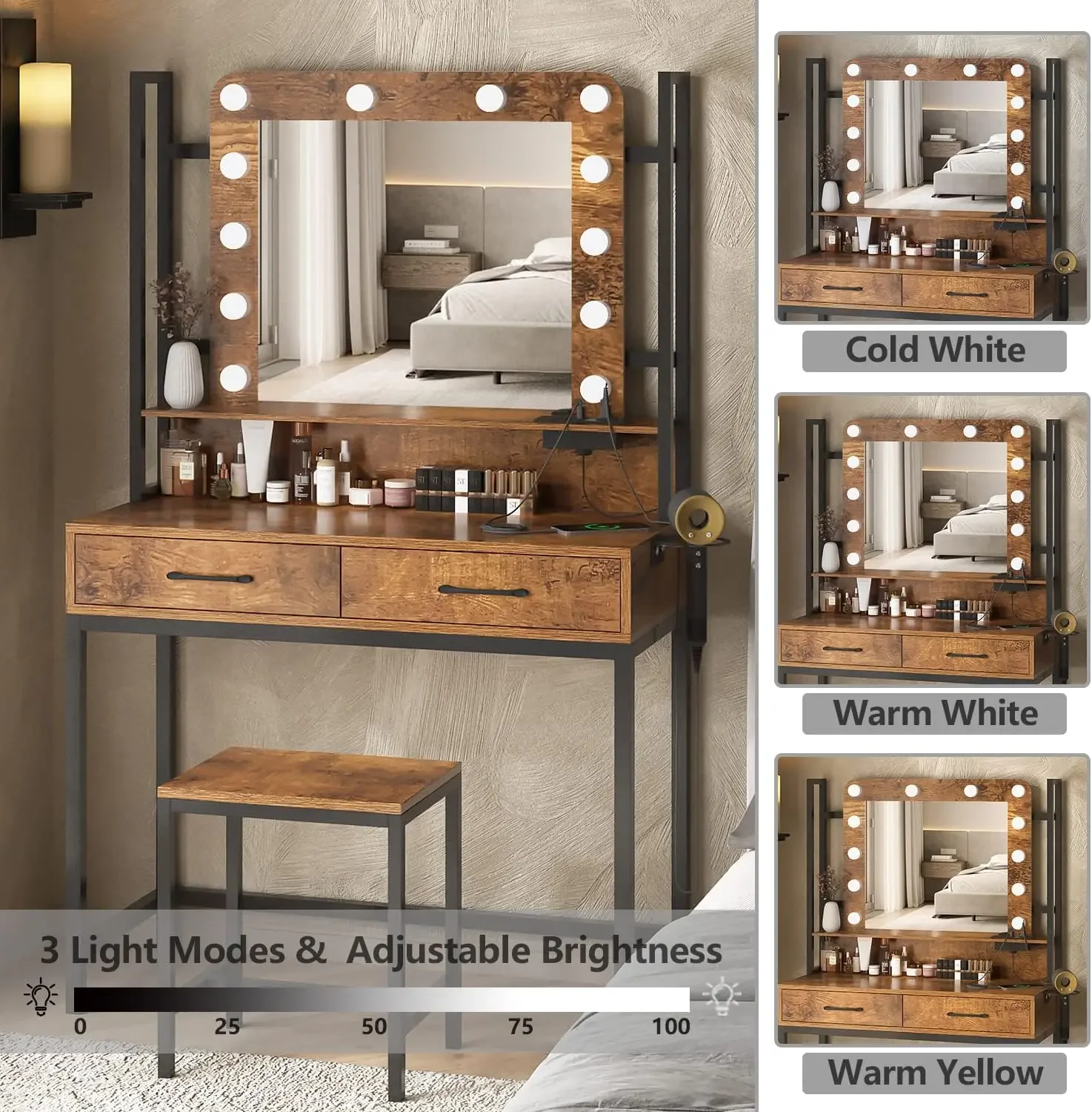 Makeup Vanity Table with Lighted Mirror & Power Outlet,2 Drawer Vanity Desk with Mirror and Lights 3 Lighting Modes,Rustic Brown