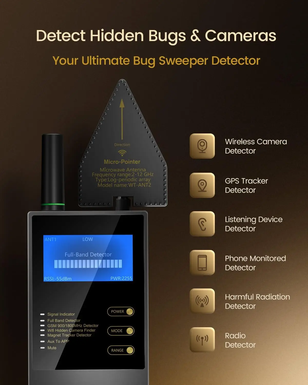 

Bug RF Signal Detector Cameras Anti Tracking Strong Magnetic Detector Wireless Audio Bug GPS Camera Detector Privacy Protection