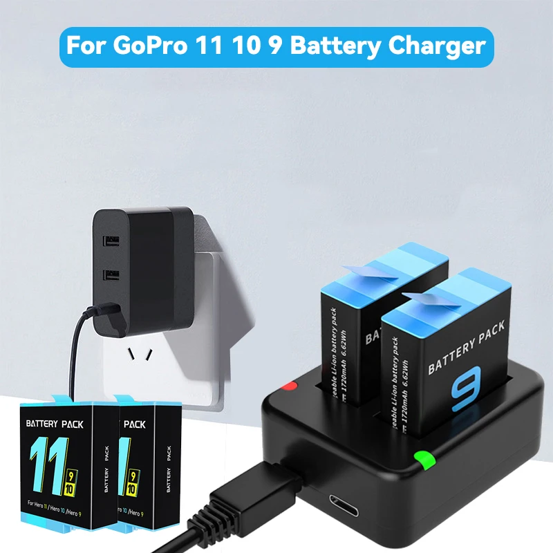 Double Dual Port Slot Battery Charger For Go Pro Gopro Hero 12 11 10 9 Black Sport Camera Accessories With USB Cable Travel