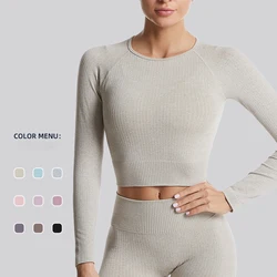Yoga Lady Long-Sleeved Clothing Thread Big Size Sports Corsetry Yoga Dress Female Solid Color Navel Crop Top Fitness Slim-fit
