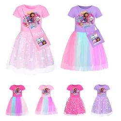 New GABBYS DOLLHOUSE Clothes Kids 2024 Summer Princess Dress for Girls Short Sleeve Casual Dresses+ Little Bag Children Vestidos