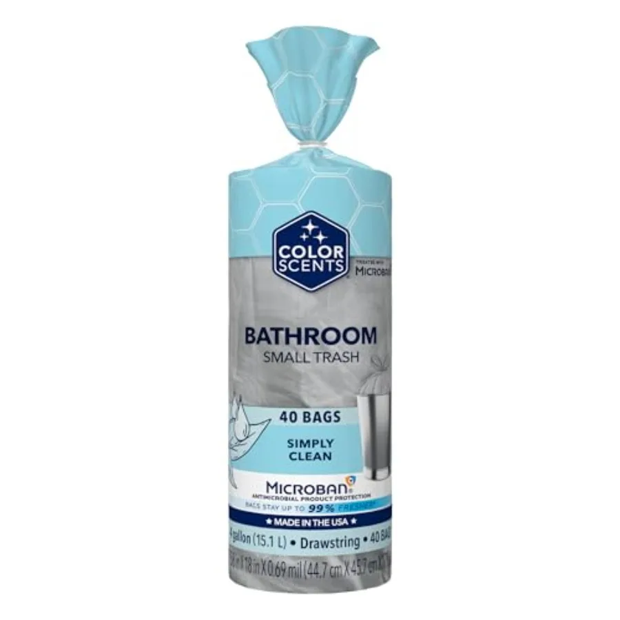 

Small Trash Bags - 4 Gallon, 40 Bags 1 Pack of 40 Count,Drawstring - Silver Bag in Simply Clean Scent with Microban