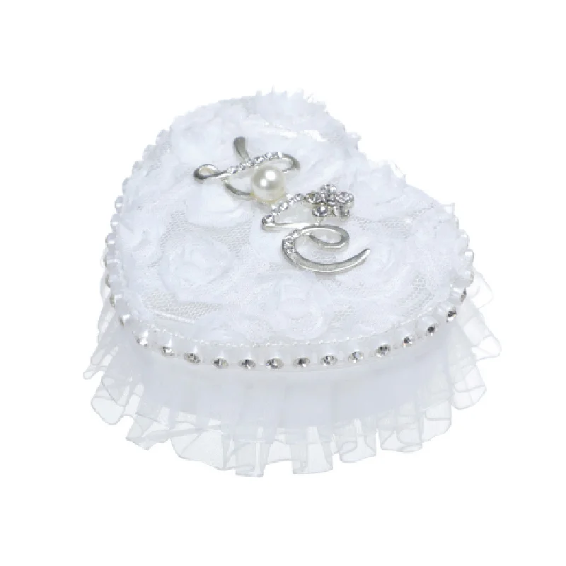 Ring Box Heart Wedding Lace Holder Pillow Ceremony Pillows Jewelry Bearer White Shape Boxes Pearl Rhinestone Case Love Proposal