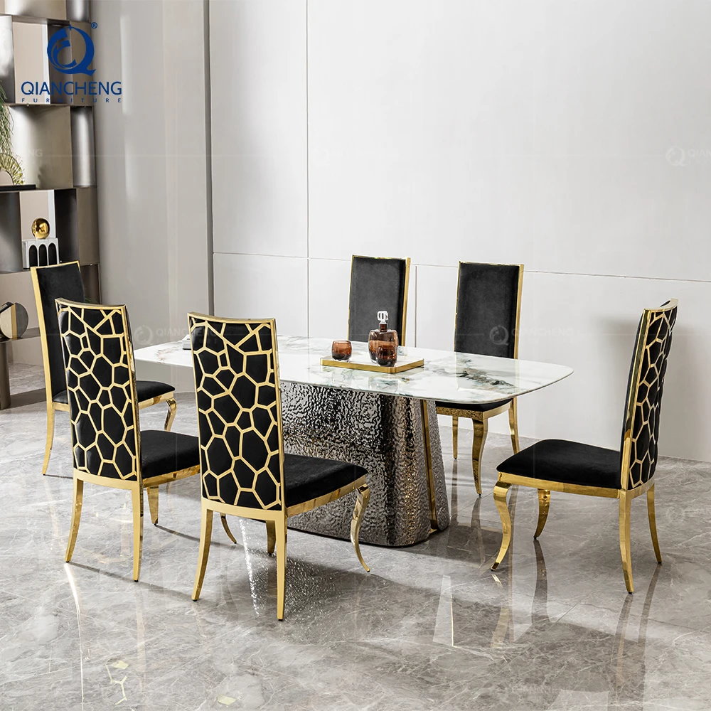 

Custom Made Hand Craft Stainless Steel Dining Table for 10 People Turkish Furniture Dubai Artificial Marble Top Dining Table