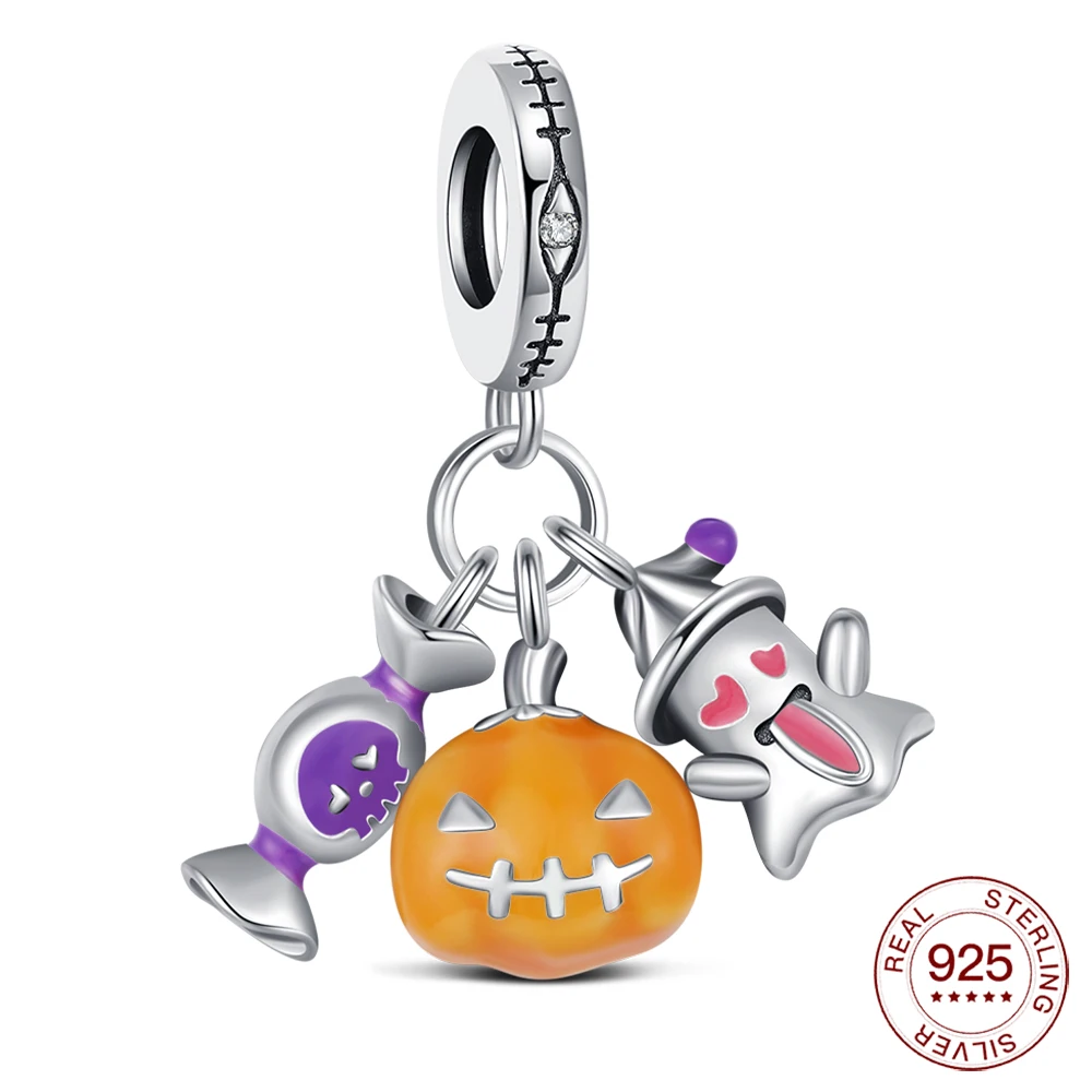 New 925 Silver Halloween Charm Pumpkin Devil Candy Beaded Jewelry Making Bracelet DIY Holiday Gift For Women Jewelry Lovers