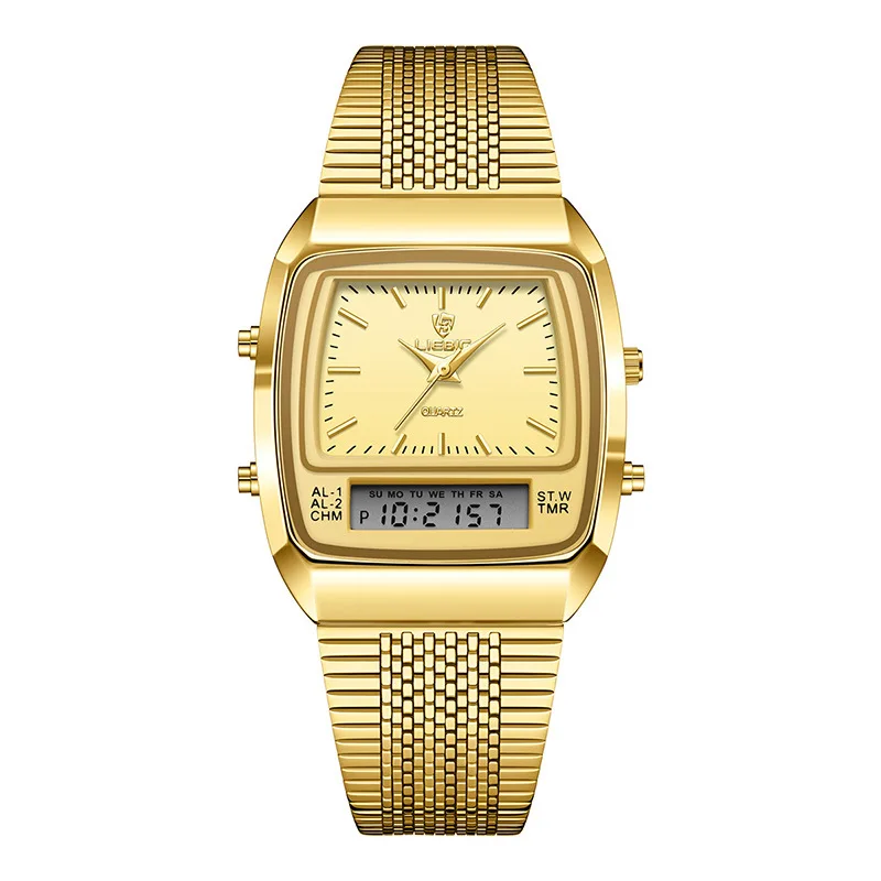 

Luxury Golden Quartz Watch Analog Digital Dual Display Stainless Steel Strap Square Case Fashion Business Wristwatch for Man