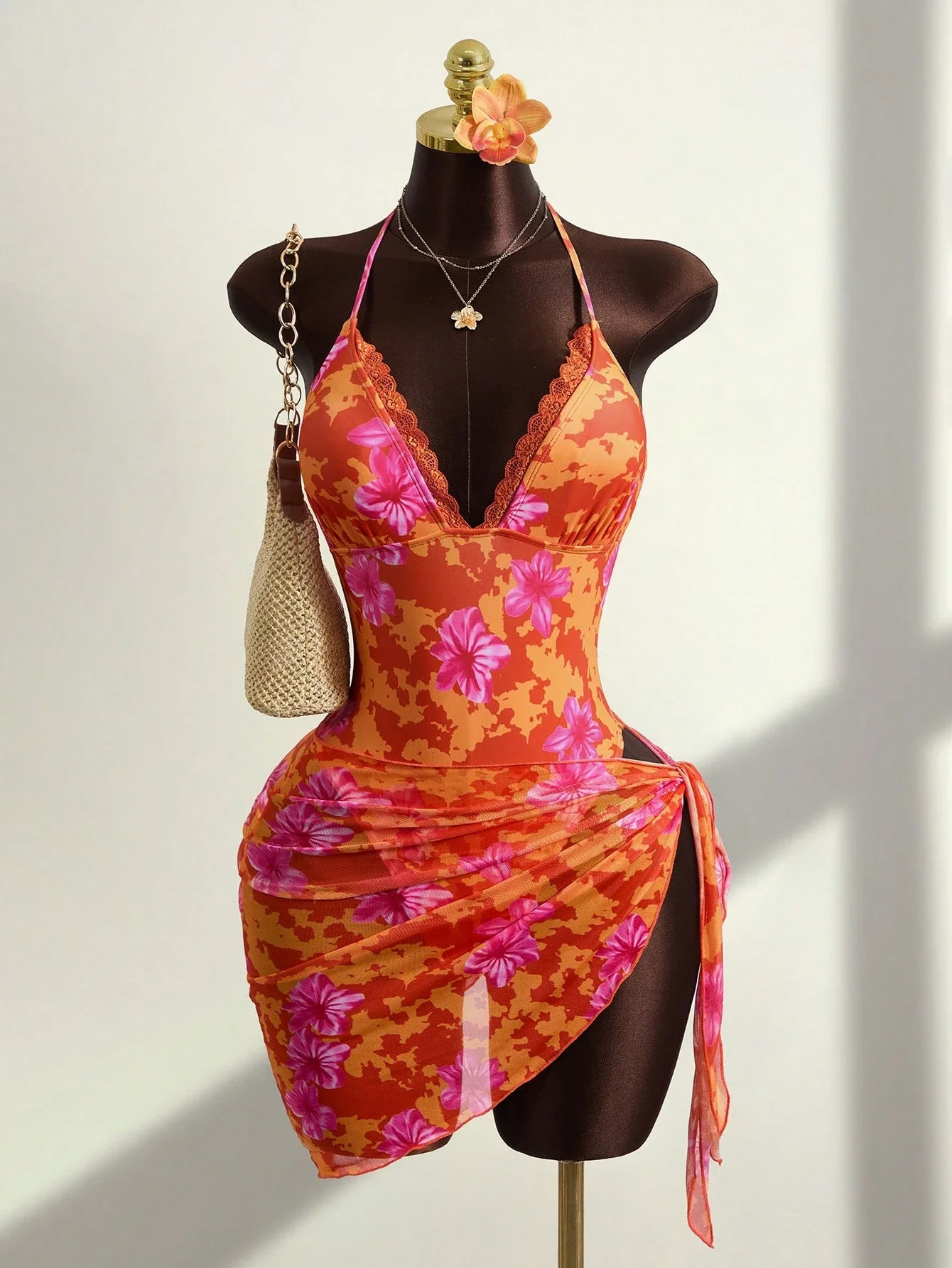 

Floral Print Halter One-Piece Swimsuit With Skirt For Beach Pool Holiday