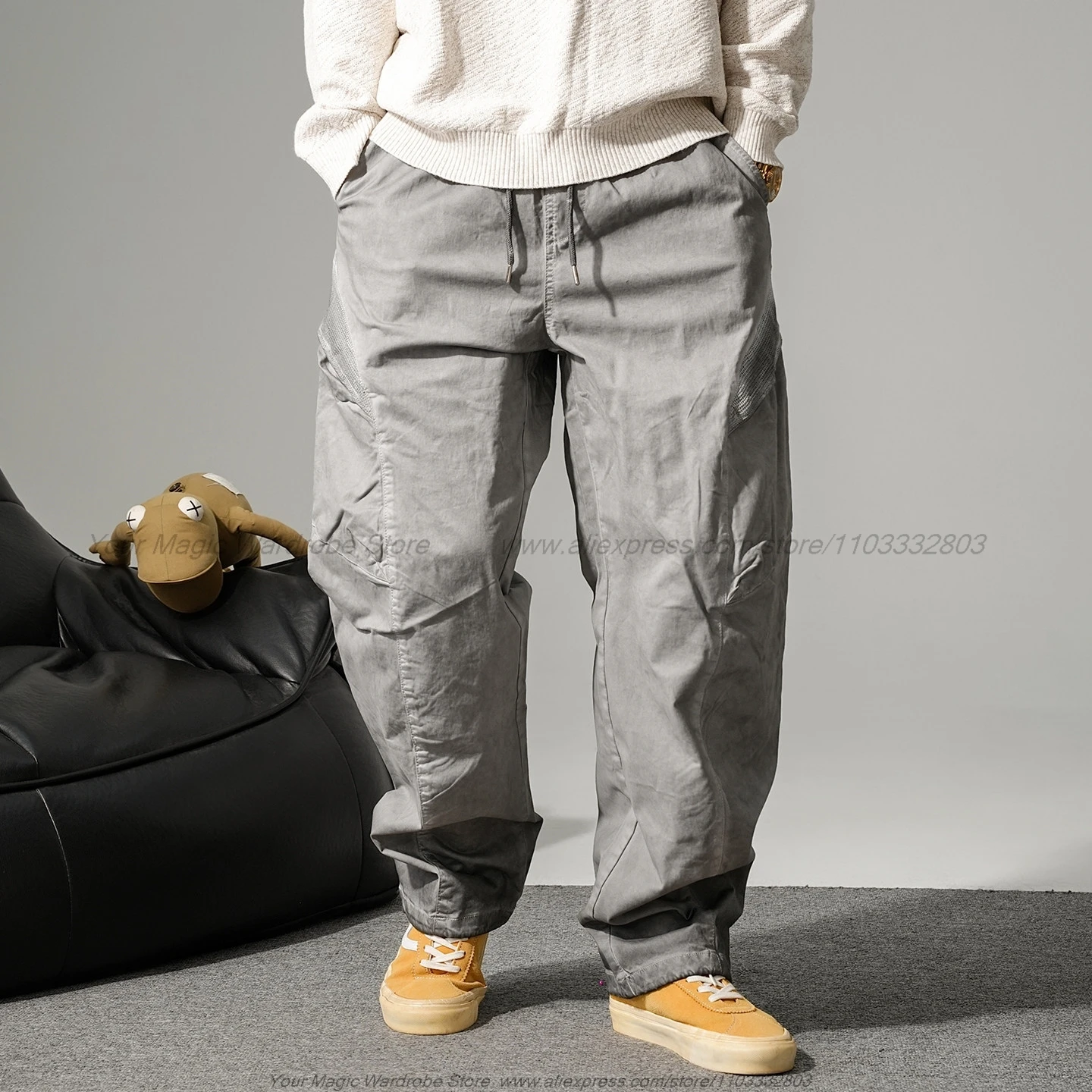 Handsome Retro Distressed Post-Apocalyptic Wasteland Style Dirty Wash Overalls Men Straight Loose Drawstring Wide Leg Trousers