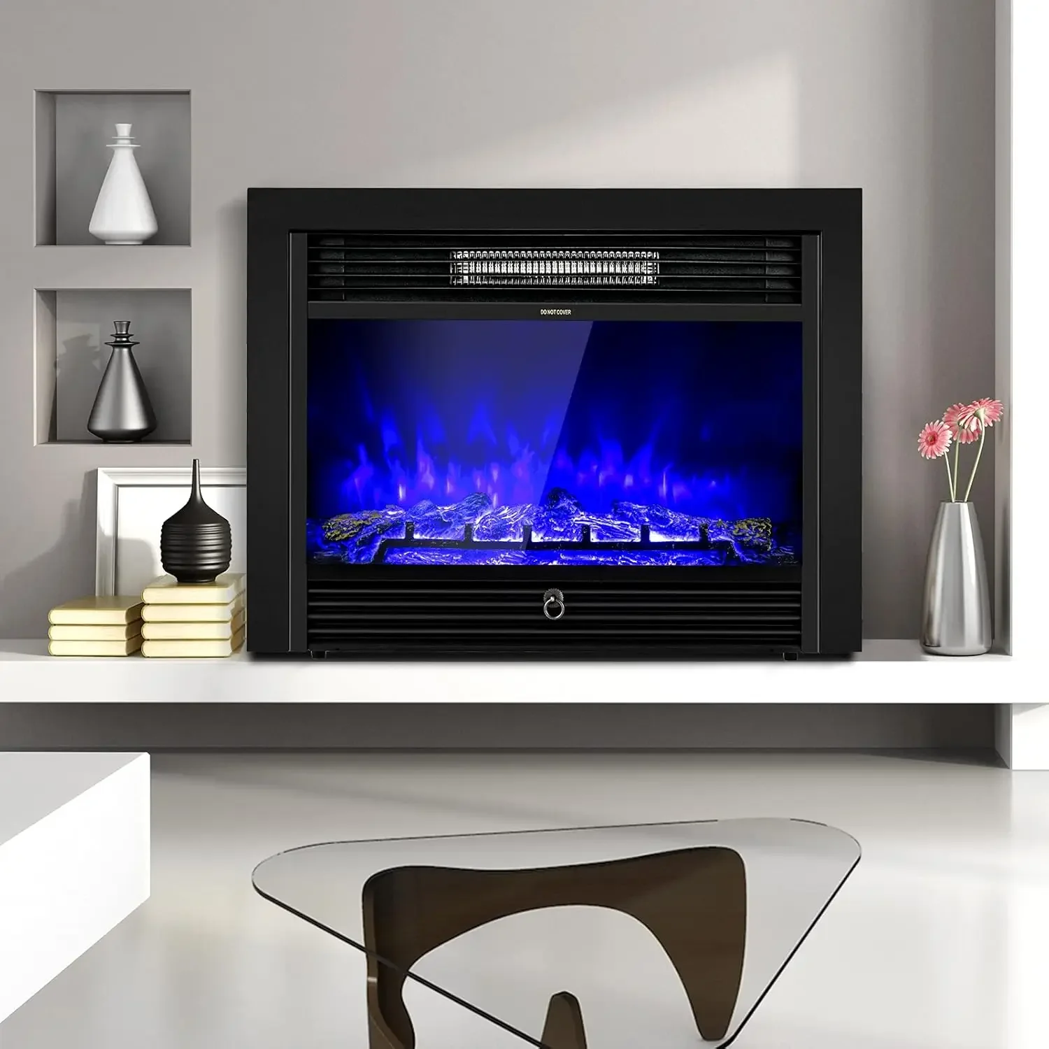 28.5-Inch Electric Fireplace Inserts, 750W/1500W Wall Recessed and Freestanding Fireplace with 3 Flame Colors, 5 Brightn
