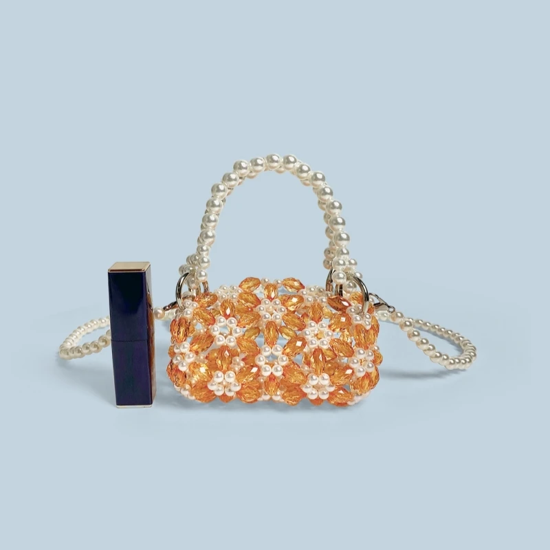 Mini bolso para lápiz labial de fiesta de noche, bandolera con cuentas acrílicas tejidas a mano, bolso calado con perlas a la moda, bolso para fiesta y boda