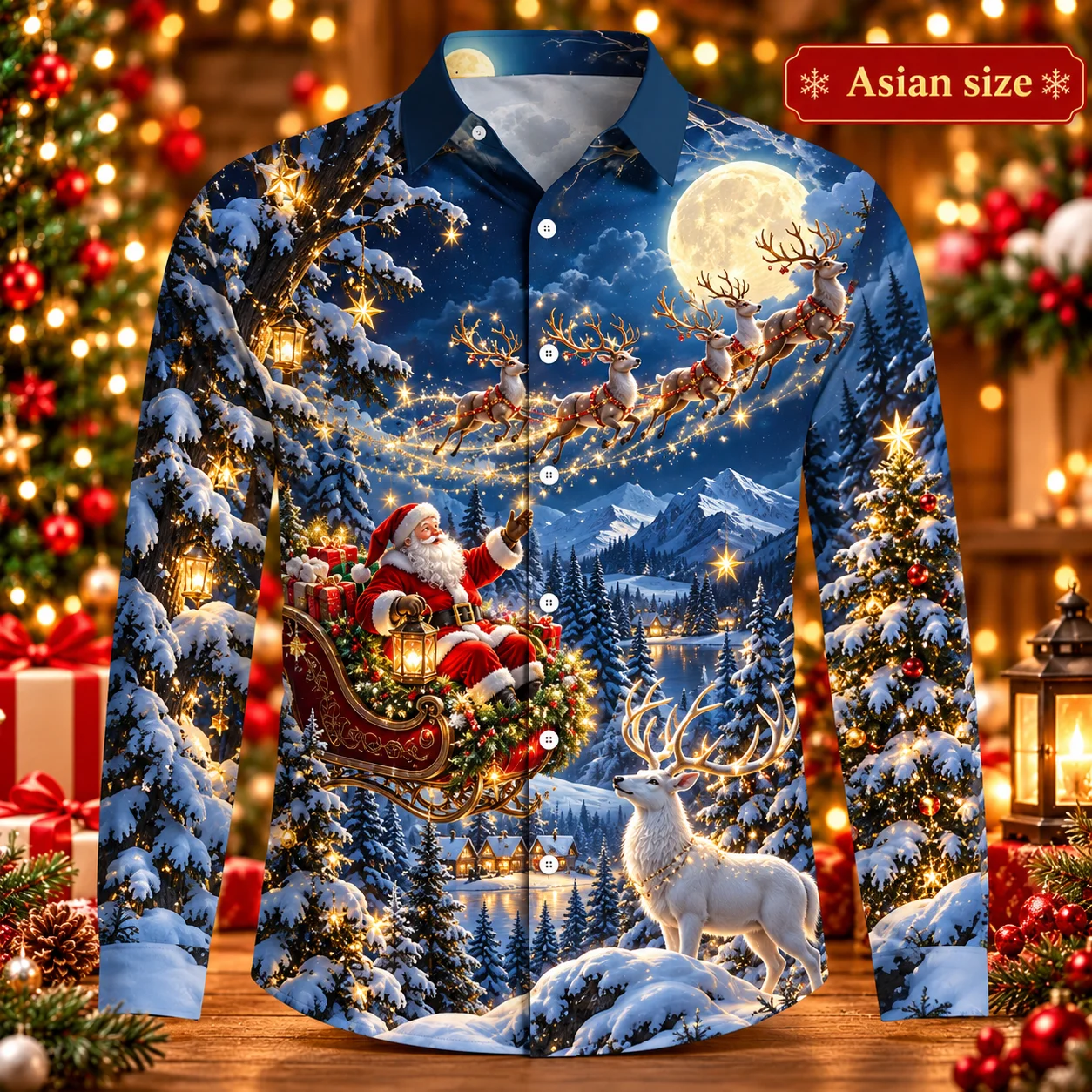 2026 3D Christmas Santa Reindeer Long Sleeve Shirt Men Snow Train Mountain Night Holiday Party Xmas SHIRTS Winter Fashion