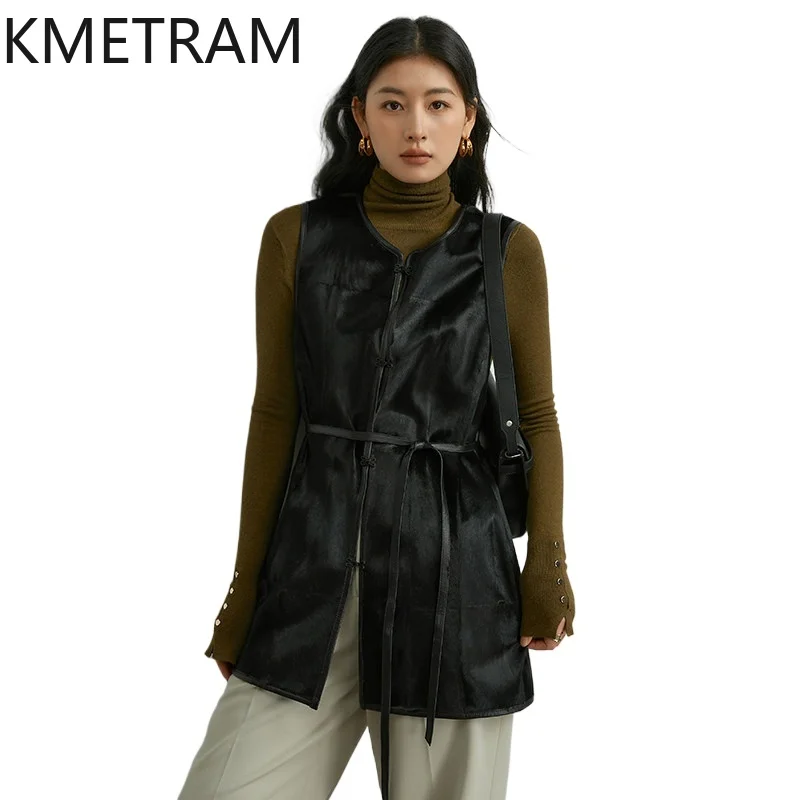 KMETRAM Real Sheepskin with Wool Attached Vest Women Chinese Style Reversible Belted Jackets Fashion Fur Coat Woman Clothes 2026