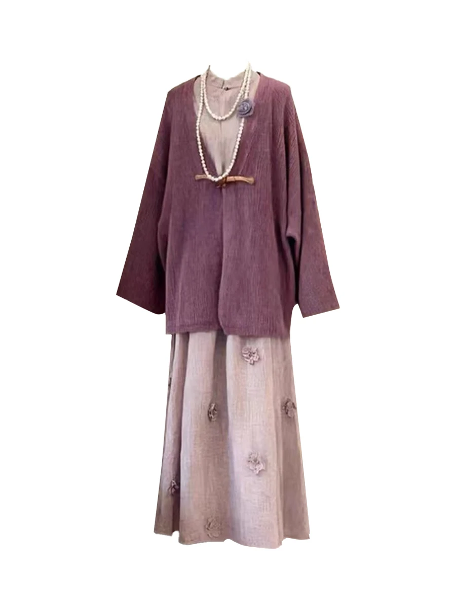 

Комплект из юбки А-силуэта и вязаного топа: теплый повседневный костюм-двойка для женщин больших размеров, с завышенной талией, стройнящий, весенний, модный