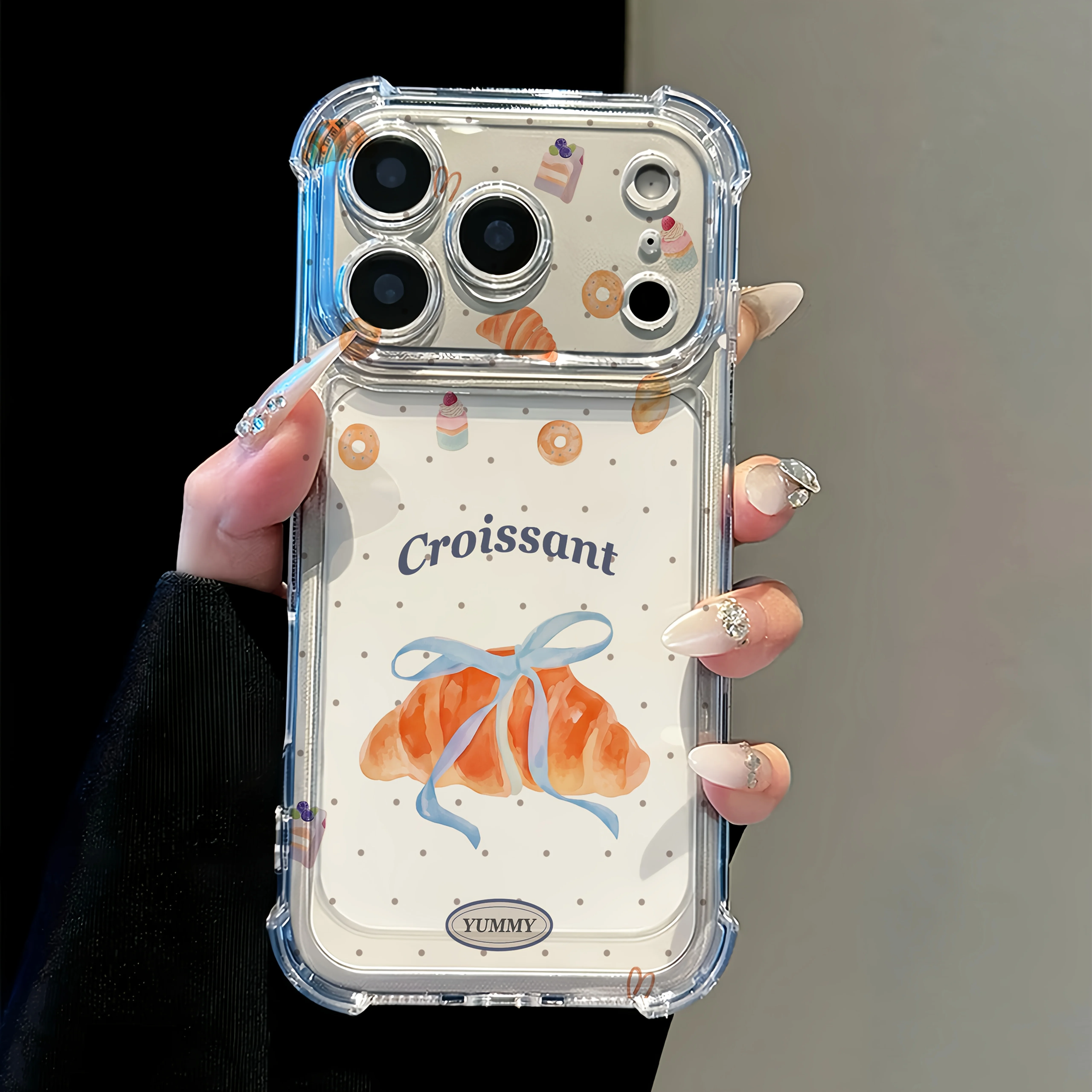 Transparente Croissant-Hülle mit blauer Schleife für Samsung Galaxy A55 S25 A57 S26 S24 Ultra S23 Plus A55 A37 A36 A17 A27 Cover