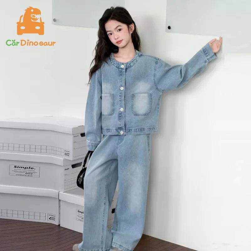 

120-170cm Teenager Spring Autumn Casual Kids Girls Denim Jacket + Jeans Denim Pants 2 Pieces Set