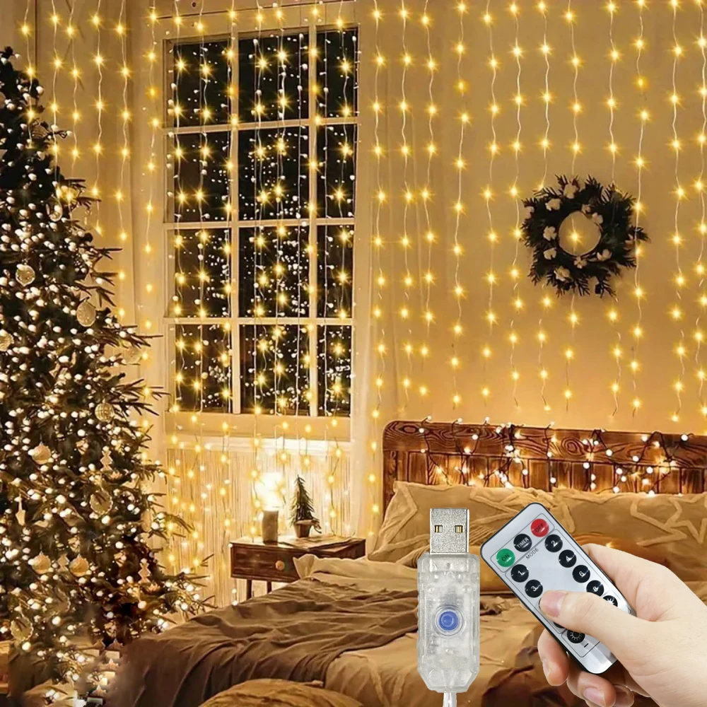1pc 6x3/3x3/3x2/3x1m USB LED Curtain String Lights Bedroom Christmas Garland Fairy Lamp Wedding Party Home Decoration Lighting