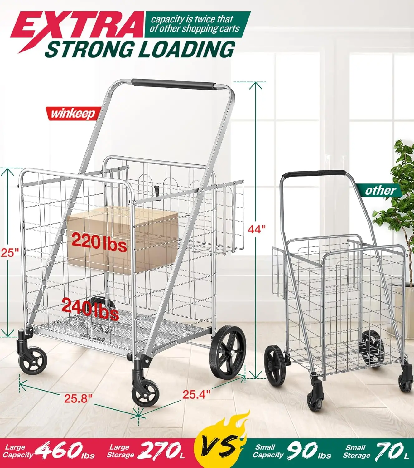 Cart, 460 lbs Upgrade Super Capacity Grocery Cart Extra Jumbo Double Basket Folding Shopping Cart with 360° Rolling Swi