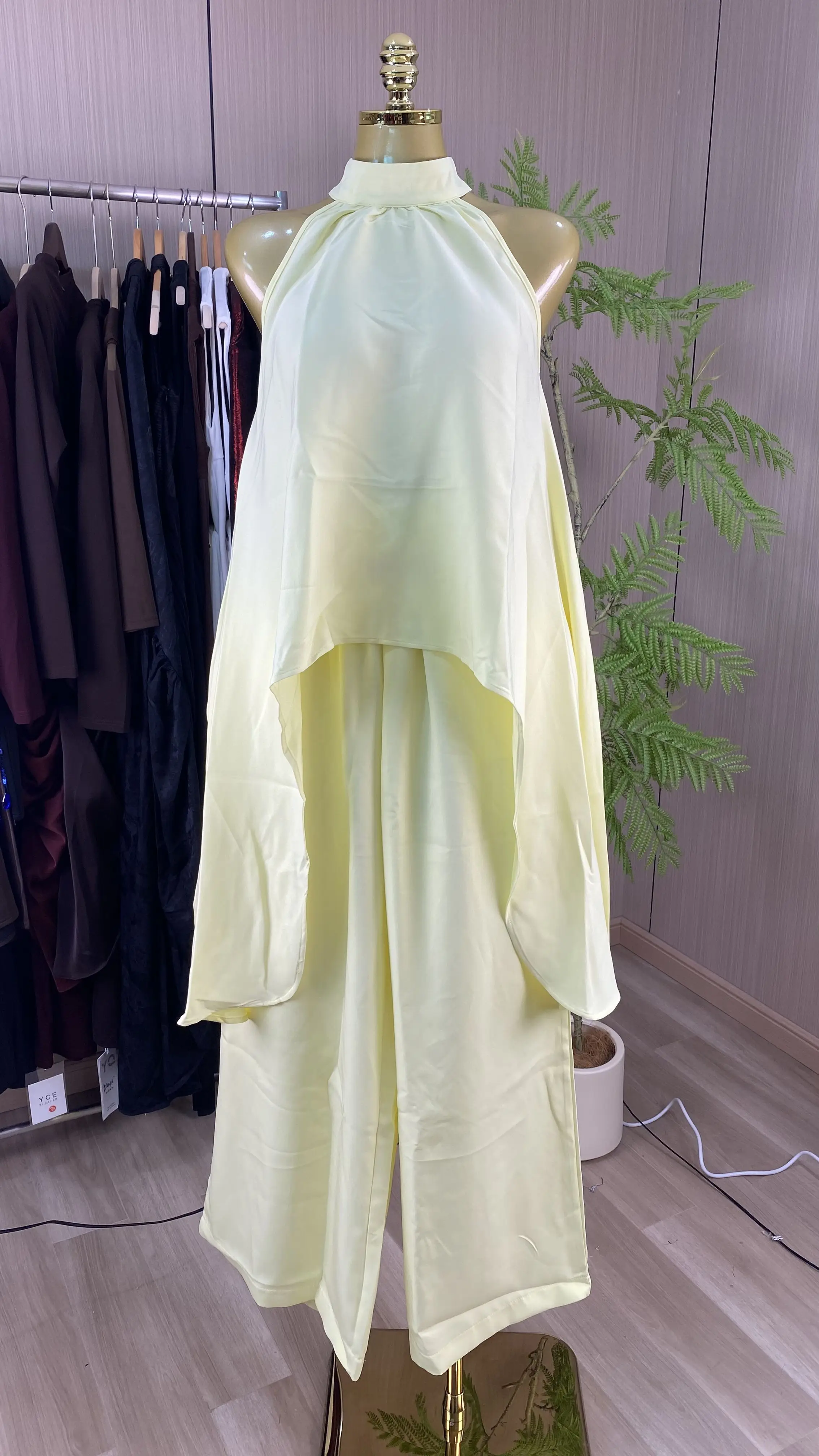 Plain color women's two-piece sleeveless dress and wide-leg pants set, plus size casual wear-GZXX836