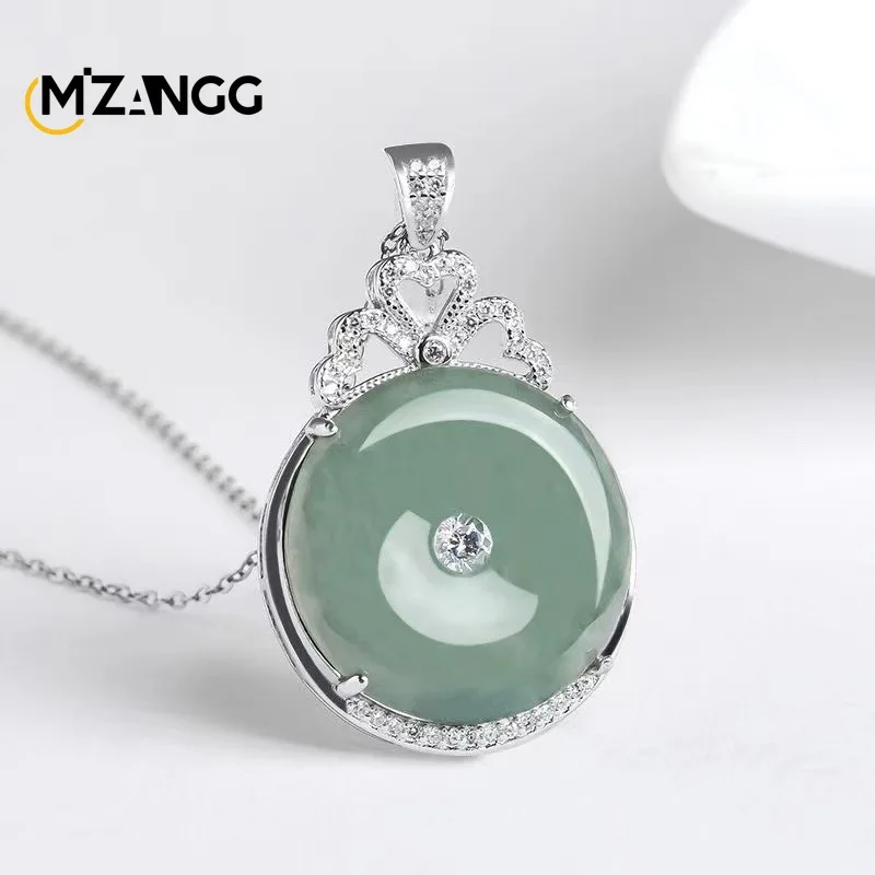 S925 Silver Inlaid Natural A Goods Jade Oil Green Peace Buckle Pendant Ice Kind Women's Jade Necklace Fashion Luxury Jewelry