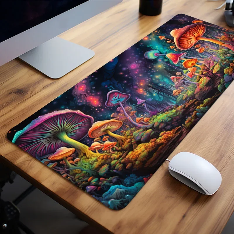 Large Gaming Mouse Pad Vibrant Mushroom Non-Slip Rubber Base Colorful Esports 40x90 Office Keyboard Mat with Fantasy Night Sky