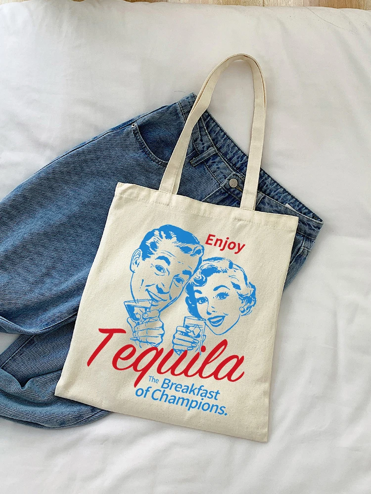 1pc Enjoy Tequila Letter Pattern Tote Bag Shopping Bag Carrier Bag Vintage Casual Canvas Shoulder Bag Handbag Shopping Gift Bag